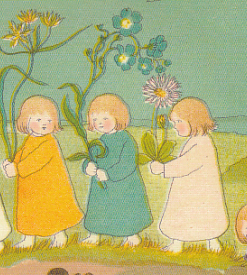 Postkarte Wurzelkinder, fünf Mädchen mit Blumen