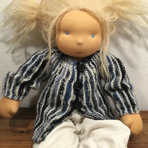 Puppenjäckchen handgestrickt aus Wolle blau meliert