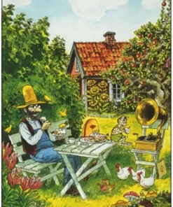 Postkarte Pettersson und Findus Pfannkuchen-Garten-Party