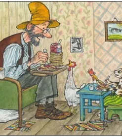 Postkarte Pettersson und Findus Pfannkuchen-Party